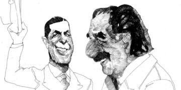 Raúl Alfonsín junto a Carlos Gardel, por Menchi Sábat\u002E Ilustración publicada por Clarín en 1982 (Clarín)