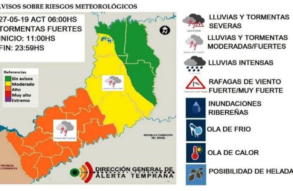 Rige un alerta naranja por tormentas fuertes en todo Misiones