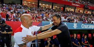 Sevilla coach Jorge Sampaoli, left, and Barcelona coach Luis Enrique greet each other before a Spanish Super Cup first-leg soccer at Ramon Sanchez-Pizjuan stadium in Seville, Spain, Sunday, Aug. 14, 2016. (AP Photo/Antonio Pizarro) espau00f1a Jorge Sampaoli L