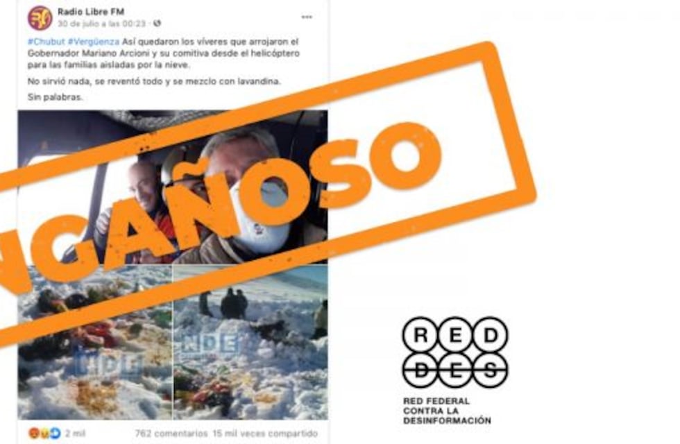 Es engañosa la imagen del operativo de asistencia en Cushamen donde se ven bolsones de alimentos en la nieve