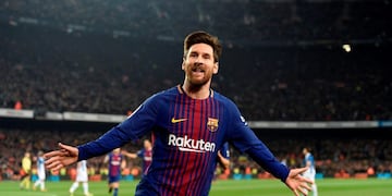 Barcelona's Argentinian forward Lionel Messi celebrates after scoring a goal during the Spanish 'Copa del Rey' (King's cup) quarter-final second leg football match between FC Barcelona and RCD Espanyol at the Camp Nou stadium in Barcelona on January 25, 2018\u002E / AFP PHOTO / LLUIS GENE españa barcelona Lionel Messi futbol liga primera division española copa del rey partido barcelona vs Espanyol