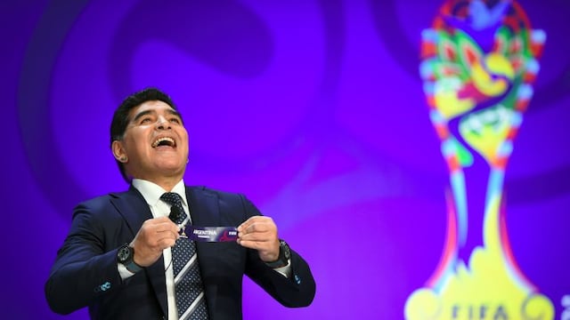 TOPSHOT - Argentinian football star Diego Maradona reacts as he holds the name of Argentina during the official draw for the FIFA under-20 football World Cup in Suwon, south of Seoul, on March 15, 2017.nThe FIFA U-20 World Cup will be held in South Korea