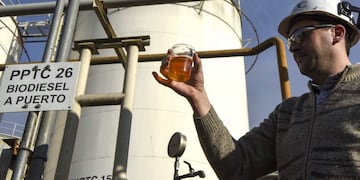An engineer shows a sample of biodiesel at the industrial complex of the Louis Dreyfus Company in General Lagos, Santa Fe province, Argentina on September 13, 2017\u002E \r\nAfter a stoppage of one month, Argentina's biodiesel exports restart with the European market, Spain in particular, as buyer\u002E Argentina can produce 4\u002E5 million tons of vegetal oil --the base for biodiesel, used mainly in cars-- per year, from which one million for the local market\u002E  / AFP PHOTO / EITAN ABRAMOVICH santa fe  santa fe planta produccion biodiesel Louis Dreyfus produccion de biodiesel biocombustibles