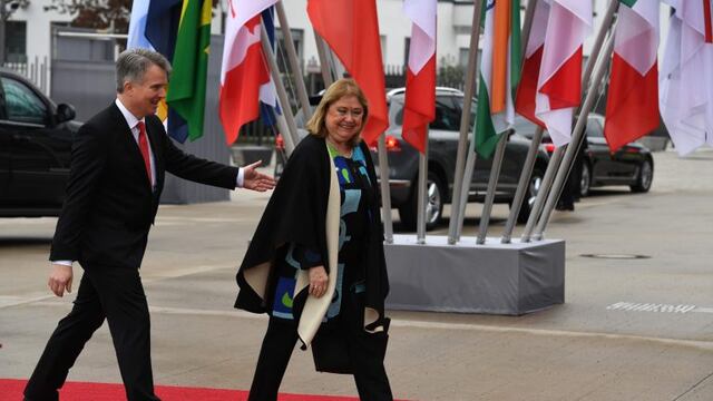 Argentinian Foreign Minister Susana Malcorra (R) arrives at the World Conference Center in Bonn, western Germany, on February 16, 2017, the venue of a G20 Foreign Ministers Meeting that will take place until February 17, 2017. nUS Secretary of State Rex Tillerson will make his diplomatic debut at the G20 gathering, where his counterparts hope to find out what