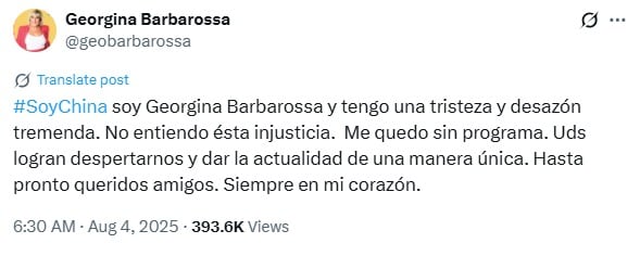 Georgina Barbarossa se expresó en X.