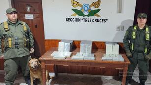 Efectivos de la sección "Tres Cruces" perteneciente al escuadrón 21 "La Quiaca" de GNA, exhibieron a los medios la droga incautada.
