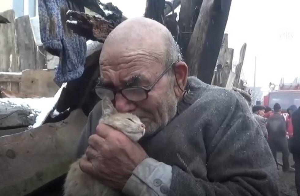 Un anciano perdió todo y se aferró a su gato: la tierna imagen que da vuelta al mundo