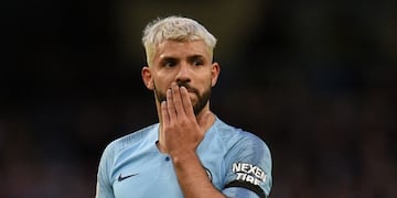 Manchester City's Argentinian striker Sergio Aguero reacts during the English Premier League football match between Manchester City and Leicester City at the Etihad Stadium in Manchester, north west England, on May 6, 2019\u002E (Photo by Oli SCARFF / AFP) / RESTRICTED TO EDITORIAL USE\u002E No use with unauthorized audio, video, data, fixture lists, club/league logos or 'live' services\u002E Online in-match use limited to 120 images\u002E An additional 40 images may be used in extra time\u002E No video emulation\u002E Social media in-match use limited to 120 images\u002E An additional 40 images may be used in extra time\u002E No use in betting publications, games or single club/league/player publications\u002E /