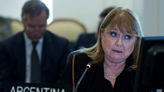 Argentina's Foreign Minister Susana Malcorra speaks at the Permanent Council of the Organization of American States (OAS) in Washington, Monday, April 3, 2017, to consider the recent events in Venezuela. (AP Photo/Jose Luis Magana)