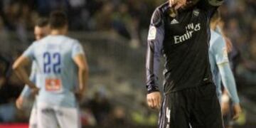 Real Madrid's Sergio Ramos reacts during a Copa del Rey, quarter final, 2nd leg soccer match between Celta and Real Madrid at the Balaidos stadium in Vigo, Spain, Wednesday Jan. 25, 2017. (AP Photo/Lalo R. Villar)