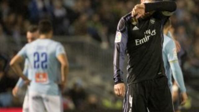 Real Madrid's Sergio Ramos reacts during a Copa del Rey, quarter final, 2nd leg soccer match between Celta and Real Madrid at the Balaidos stadium in Vigo, Spain, Wednesday Jan. 25, 2017. (AP Photo/Lalo R. Villar)