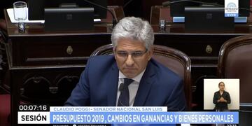 Claudio Poggi, senador Nacional durante el debate en el Senado\u002E