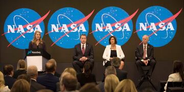 From right, Jeff Dewit, NASA's Chief Financial Officer; Robyn Gatens, NASA's Deputy Director of the International Space Station; Bill Gerstenmaier, NASA's associate administrator for the Human Exploration and Operations Mission, and Stephanie L\u002E Schierholz Public Affairs Officer/Human Exploration and Operations, NASA, attend a news conference at Nasdaq in New York on Friday, June 7, 2019\u002E NASA announced that the International Space Station will be open for private citizens, with the first visit expected to be as early 2020\u002E (AP Photo/Marshall Ritzel)