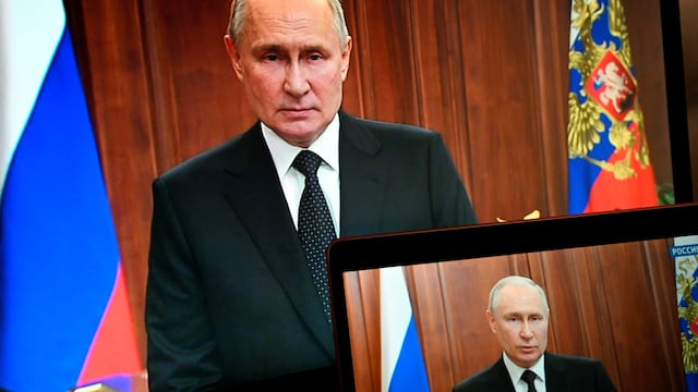 Putin al dirigirse a Rusia. (Pavel Bednyakov, Sputnik, Kremlin Pool Photo vía AP)