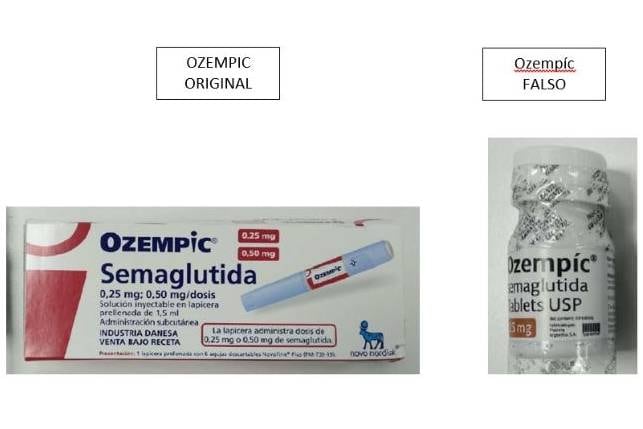 Ozempic. La comparación entre el producto original y el falsificado que compartió Anmat.
