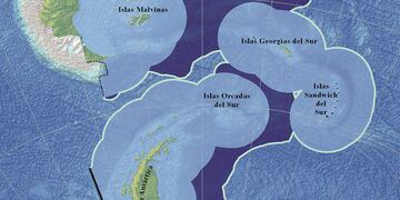 El mapa de la plataforma continental argentina.
