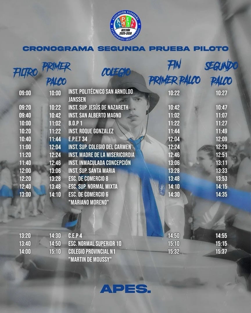 Cronograma de la segunda prueba piloto de la Estudiantina de Posadas.