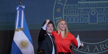 Javier Milei desde el búnker de La Libertad Avanza, tras el triunfo en el balotaje. (Gentileza Clarín)