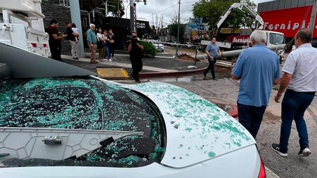 El auto afectado por la caída del poste (Gentileza El Doce).