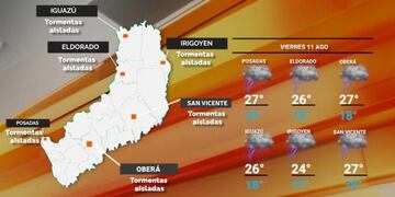 Se esperan lluvias y tormentas con ocasional caída de granizo para este viernes en Misiones.