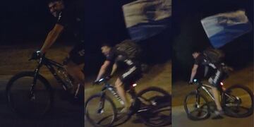 Video: el hincha fanático del Tomba que viajó hasta San Luis en bicicleta y se volvió viral.