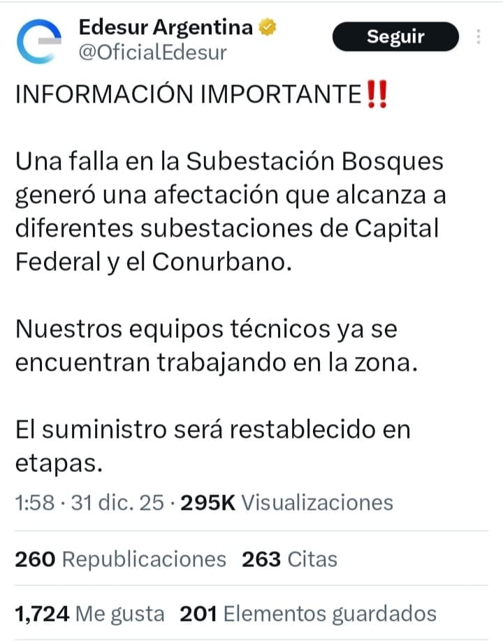 Edesur informa sobre la causa del apagón masivo en el AMBA.