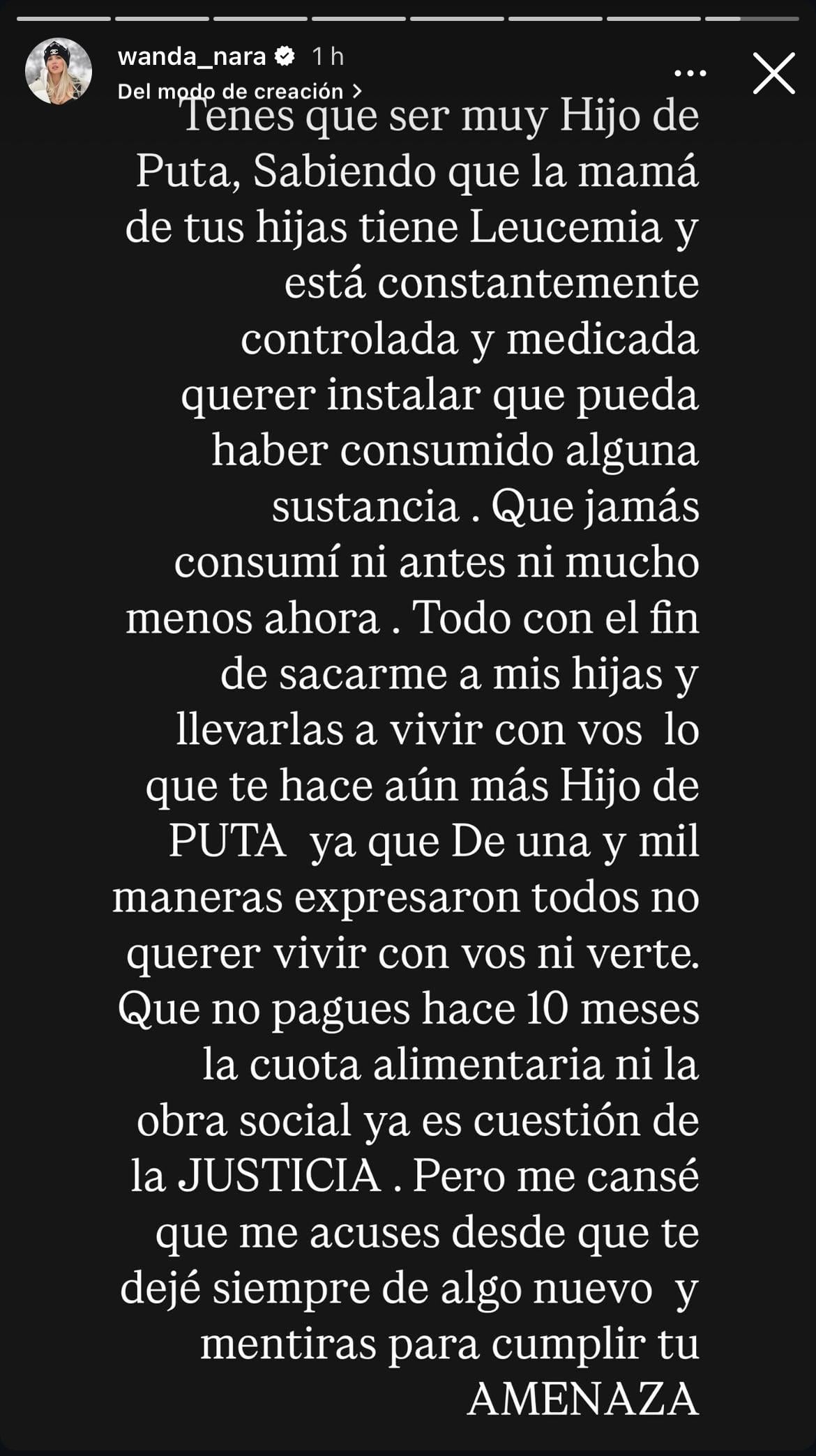 Wanda Nara mostró chats con sus médicos de Fundalep para asegurar que tiene leucemia (Captura de pantalla)