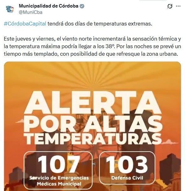 Una alerta por temperaturas extremas en Córdoba empieza a regir desde las 00 del jueves 18 de diciembre.