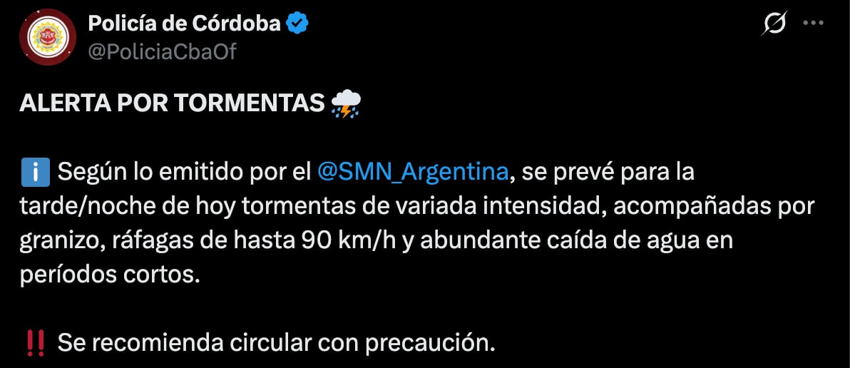 El aviso de la Policía a raíz de la alerta por tormentas del Servicio Meteorológico Nacional.