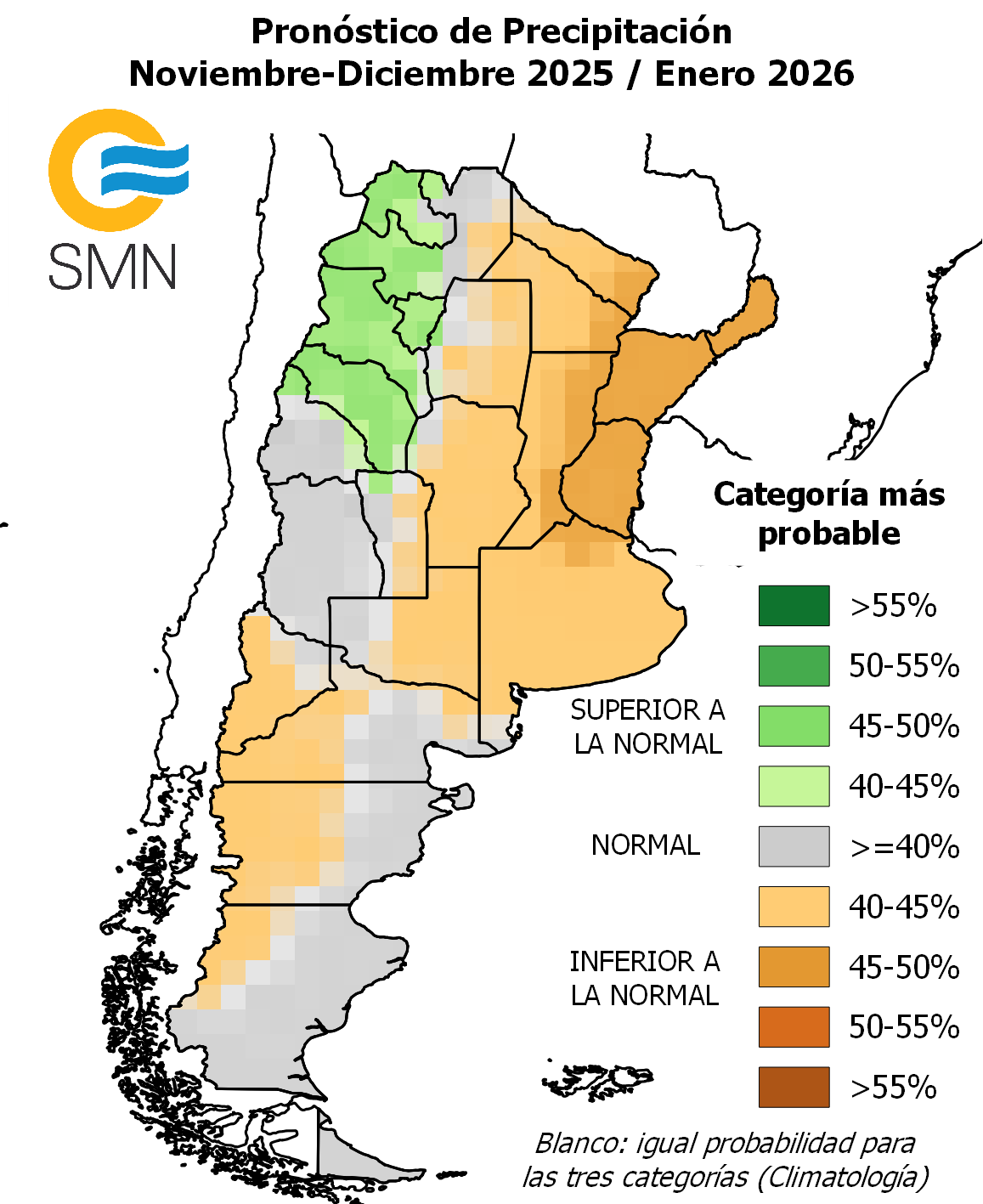 Probabilidad de lluvias en Córdoba y el resto del país.