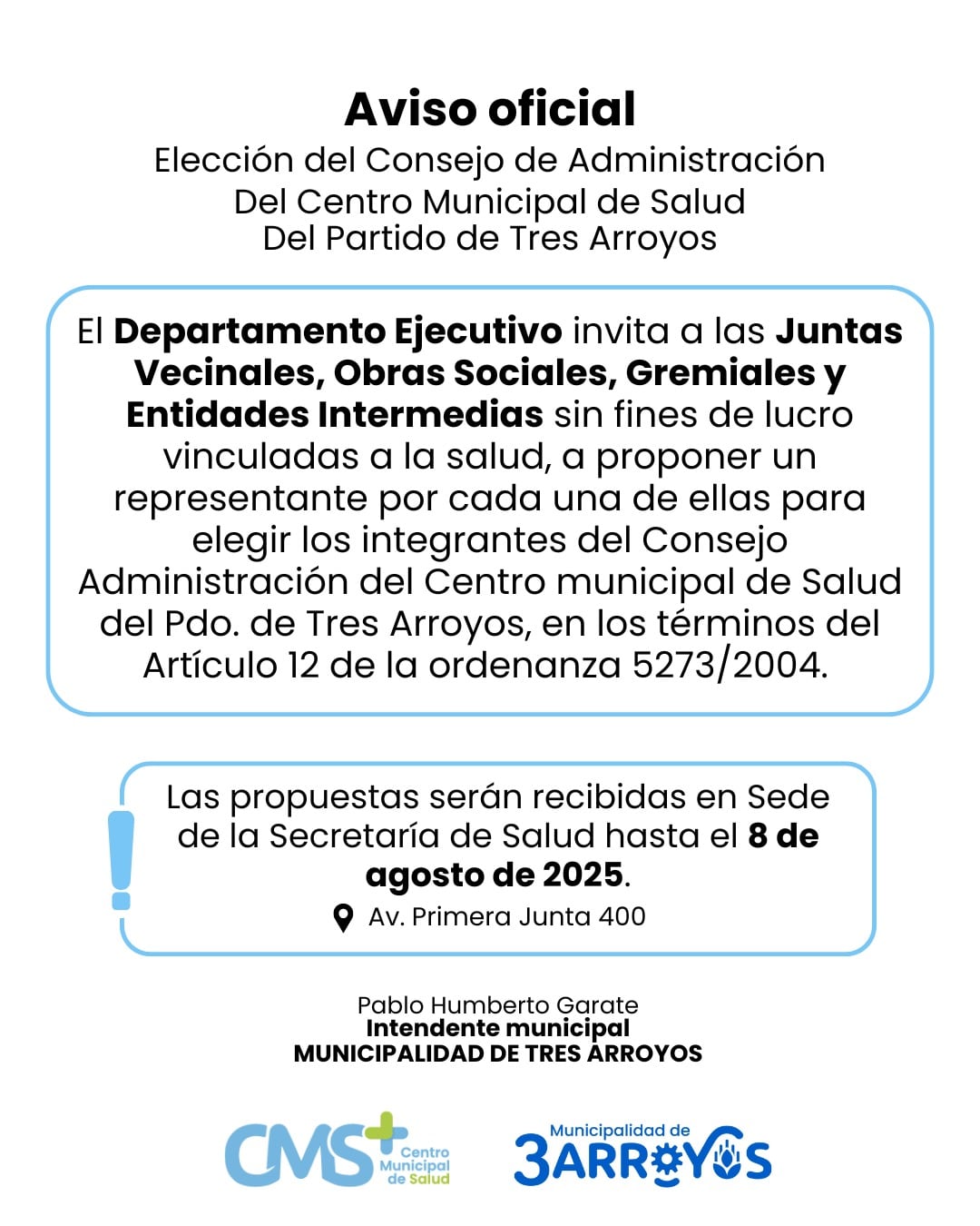 el Departamento Ejecutivo convoca a la elección del Consejo de Administración del Centro Municipal de Salud