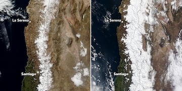 La NASA difundió imágenes de la Cordillera de los Andes luego del sistema frontal de nieve.