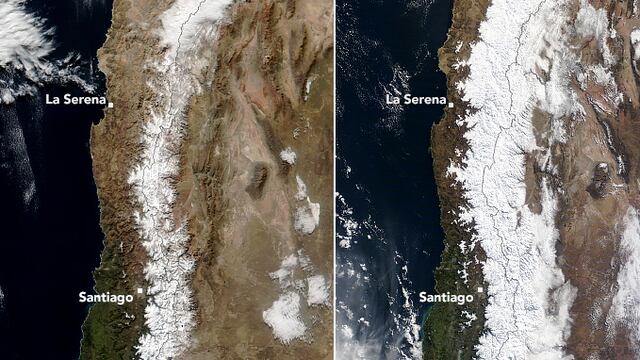La NASA difundió imágenes de la Cordillera de los Andes luego del sistema frontal de nieve.