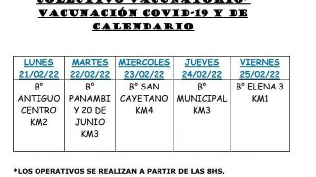 Cronograma del colectivo vacunatorio en Eldorado-
