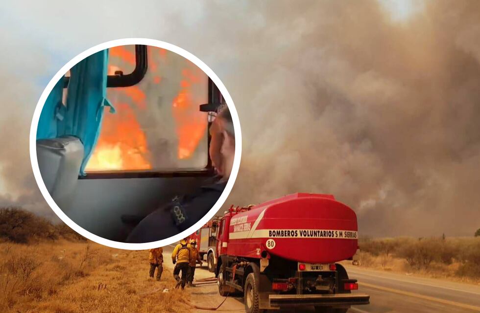 Estremecedor: un colectivo cruzó la ruta en medio del incendio en Capilla del Monte