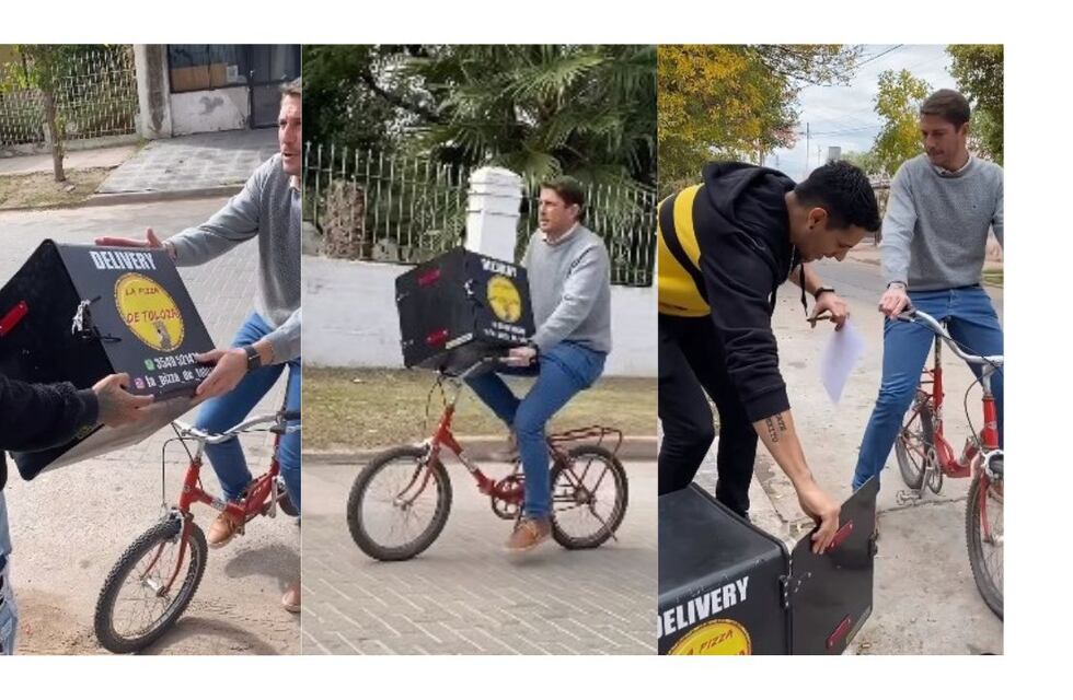 Mirá el sketch de un intendente cordobés con pizzas y una bicicleta al ritmo de “Mercho” que se hizo viral
