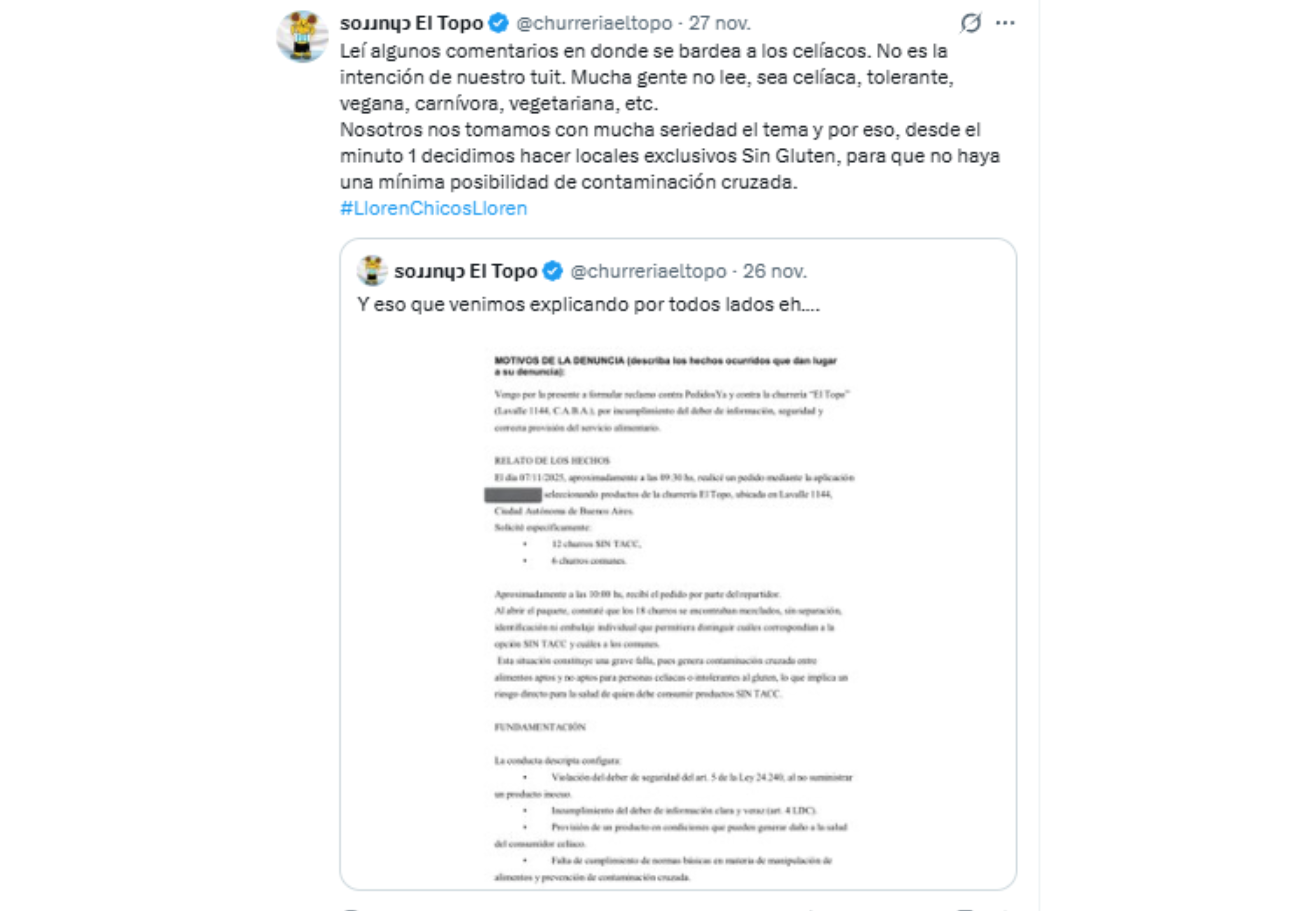 Churros El Topo explicó que no es un tweet en contra de los celíacos.