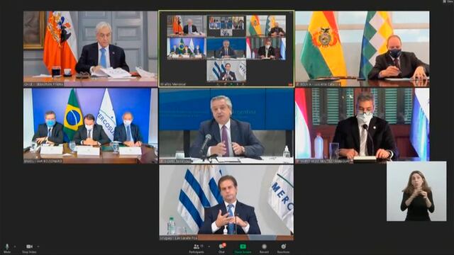 Reunión virtual entre los mandatarios del Mercosur. (Foto: Captura)