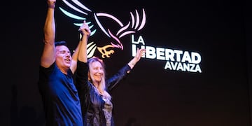 Gabriel Bornoroni y Karina Milei en Córdoba, en el lanzamiento de La Libertad Avanza (Gentileza).
