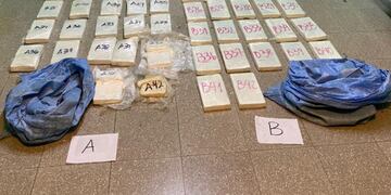 Los panes de material estupefaciente fueron repartidos en dos bolsas de arpillera azules.