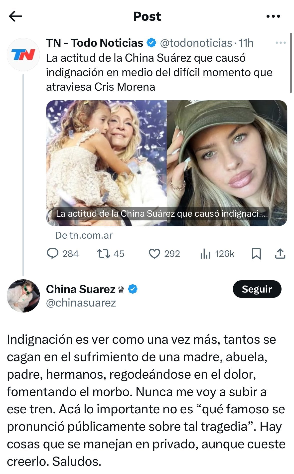 La China Suárez y su descargo en X.