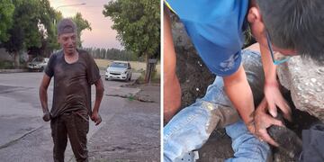 Un vecino de Tupungato se metió en un estrecho puente para rescatar a varios cachorritos. Gentileza El Cuco Digital.