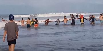 La cadena humana que se armó para rescatar a la familia a punto de ahogarse. Captura Video The Sun.