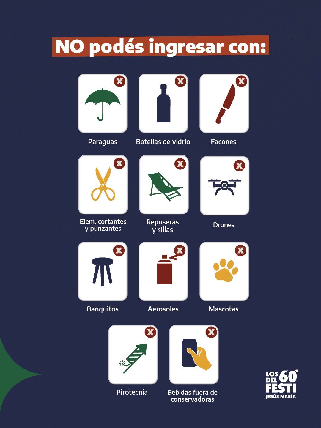 Elementos prohibidos para el Festival de Jesús María 2026.