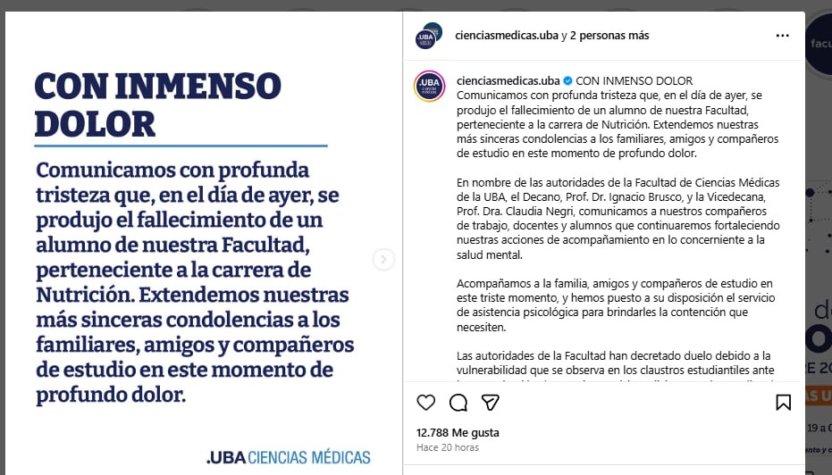 El comunicado de la UBA tras la muerte del estudiante que cayó del séptimo piso