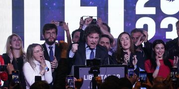 Paso 2023. Javier Milei, en el búnker de La Libertad Avanza, en el Hotel Libertador. (Clarín)