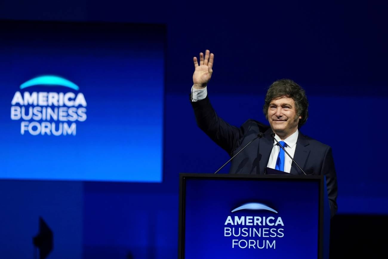 El presidente Javier Milei en el American Business Forum de Miami. (AP / Rebecca Blackwell)