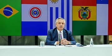 El presidente Alberto Fernández brindó un discurso durante la reunión por el 30° aniversario de la creación del Mercosur. (ESTEBAN COLLAZO / Presidencia / AFP)