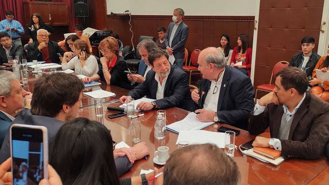 Micrófono en mano, el diputado justicialista Rubén Rivarola durante su intervención en la reunión de la Comisión de Asuntos Institucionales convocada por la reforma constitucional en Jujuy.