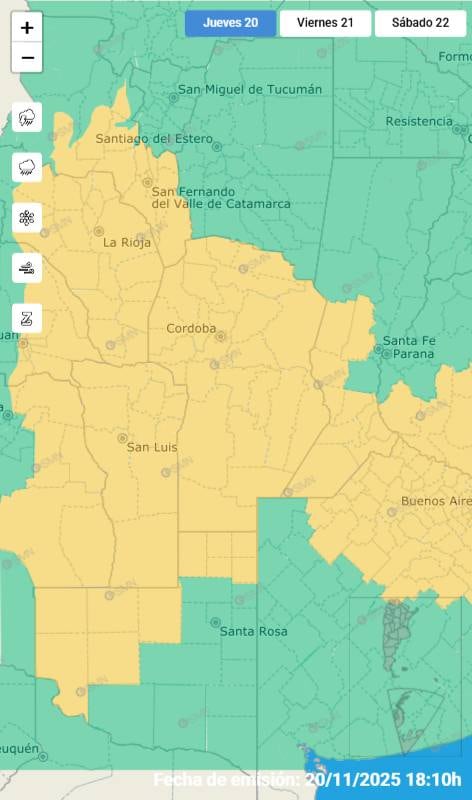 Clima. Alerta amarilla por tormenta y viento para la noche de este jueves 20 de noviembre y la madrugada del viernes 21. (SMN)